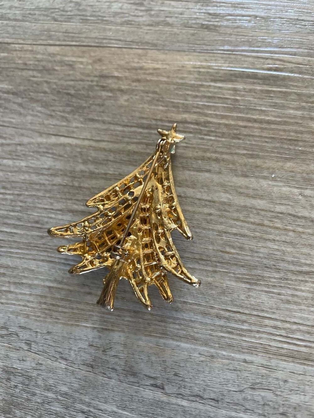Vintage Christmas Tree Brooch 1970s - Multicolor Rhinestones - Gold Tone - , - Picture 2 of 2